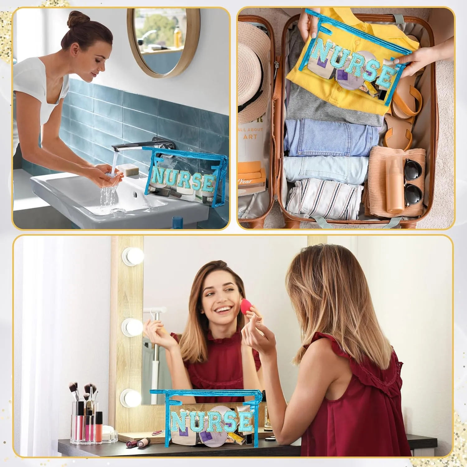 CY2SIDE NURSE Clear Makeup Bag - Blue Letter Patch Cosmetic Bag with Handle for Travel PVC Zipper Clear Travel Pouch for Toiletries Waterproof Portable Organizer Case Gift for Nurse, Blue