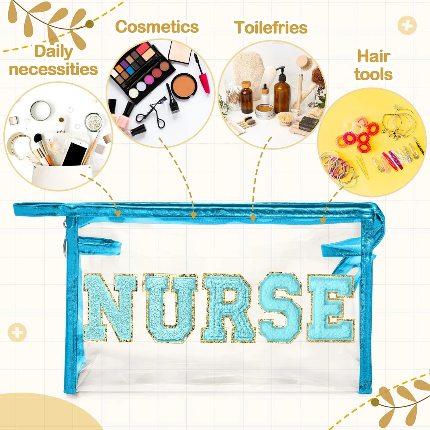 CY2SIDE NURSE Clear Makeup Bag - Blue Letter Patch Cosmetic Bag with Handle for Travel PVC Zipper Clear Travel Pouch for Toiletries Waterproof Portable Organizer Case Gift for Nurse, Blue