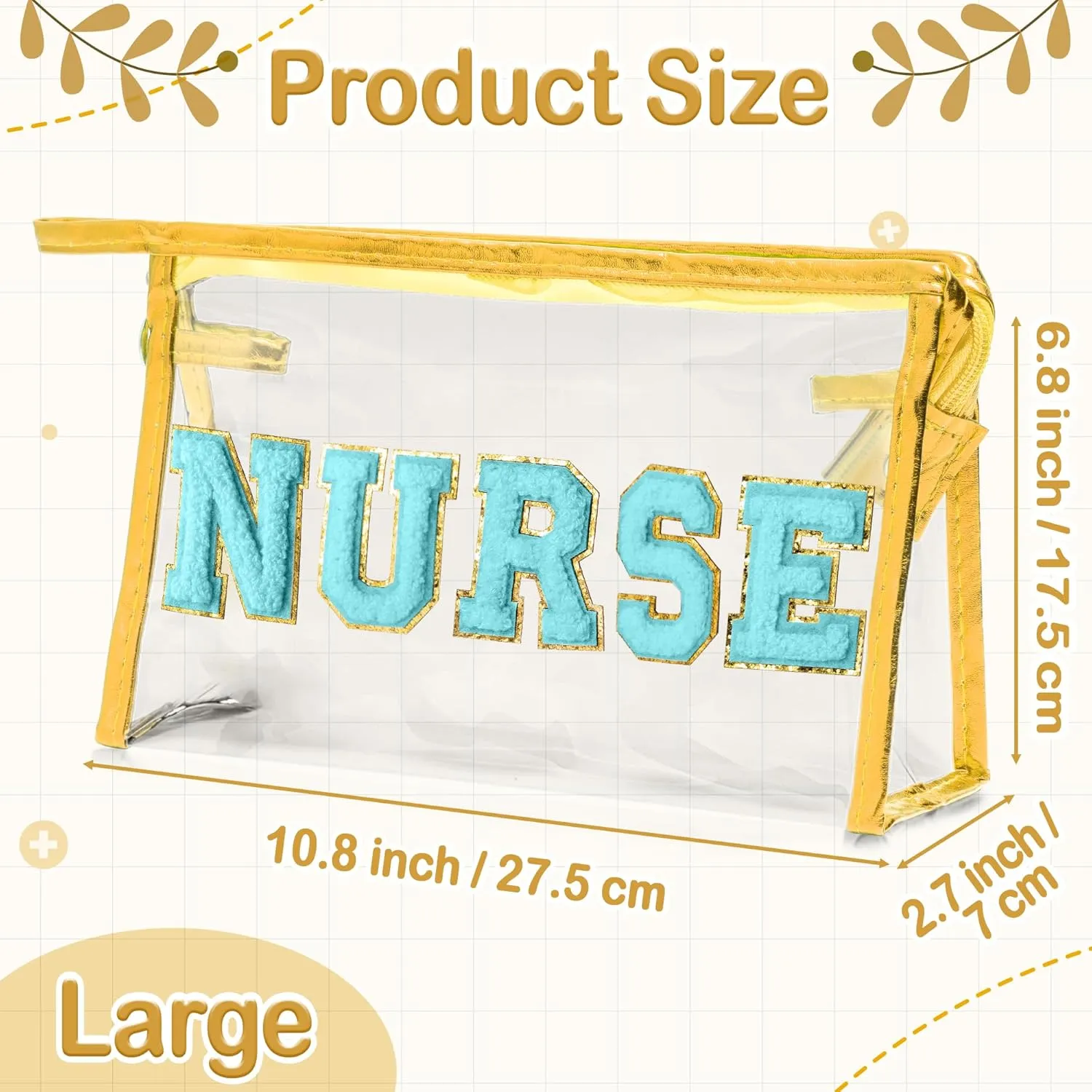 CY2SIDE NURSE Clear Makeup Bag - Blue Letter Patch Cosmetic Bag with Handle for Travel PVC Zipper Clear Travel Pouch for Toiletries Waterproof Portable Organizer Case Gift for Nurse, Gold