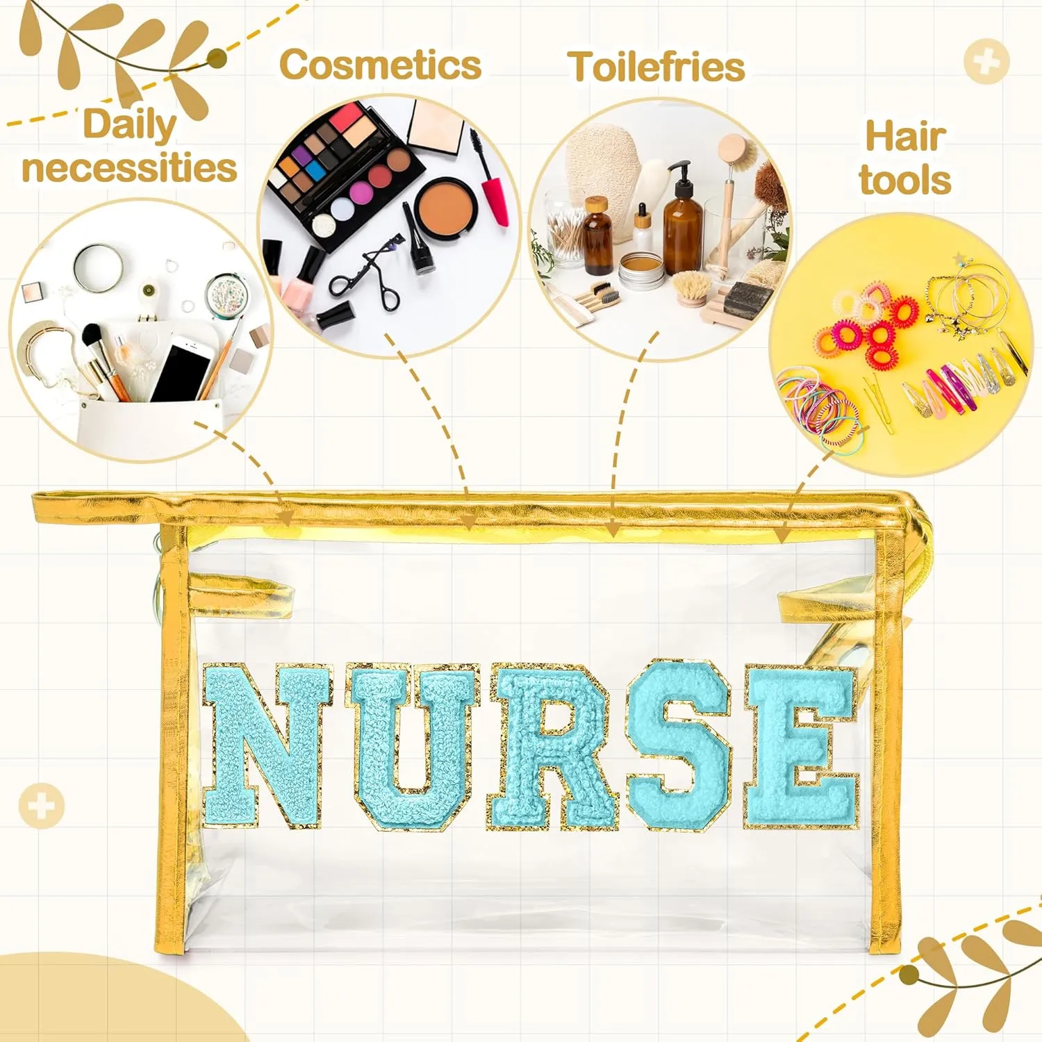 CY2SIDE NURSE Clear Makeup Bag - Blue Letter Patch Cosmetic Bag with Handle for Travel PVC Zipper Clear Travel Pouch for Toiletries Waterproof Portable Organizer Case Gift for Nurse, Gold
