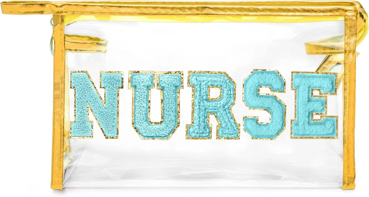 CY2SIDE NURSE Clear Makeup Bag - Blue Letter Patch Cosmetic Bag with Handle for Travel PVC Zipper Clear Travel Pouch for Toiletries Waterproof Portable Organizer Case Gift for Nurse, Gold