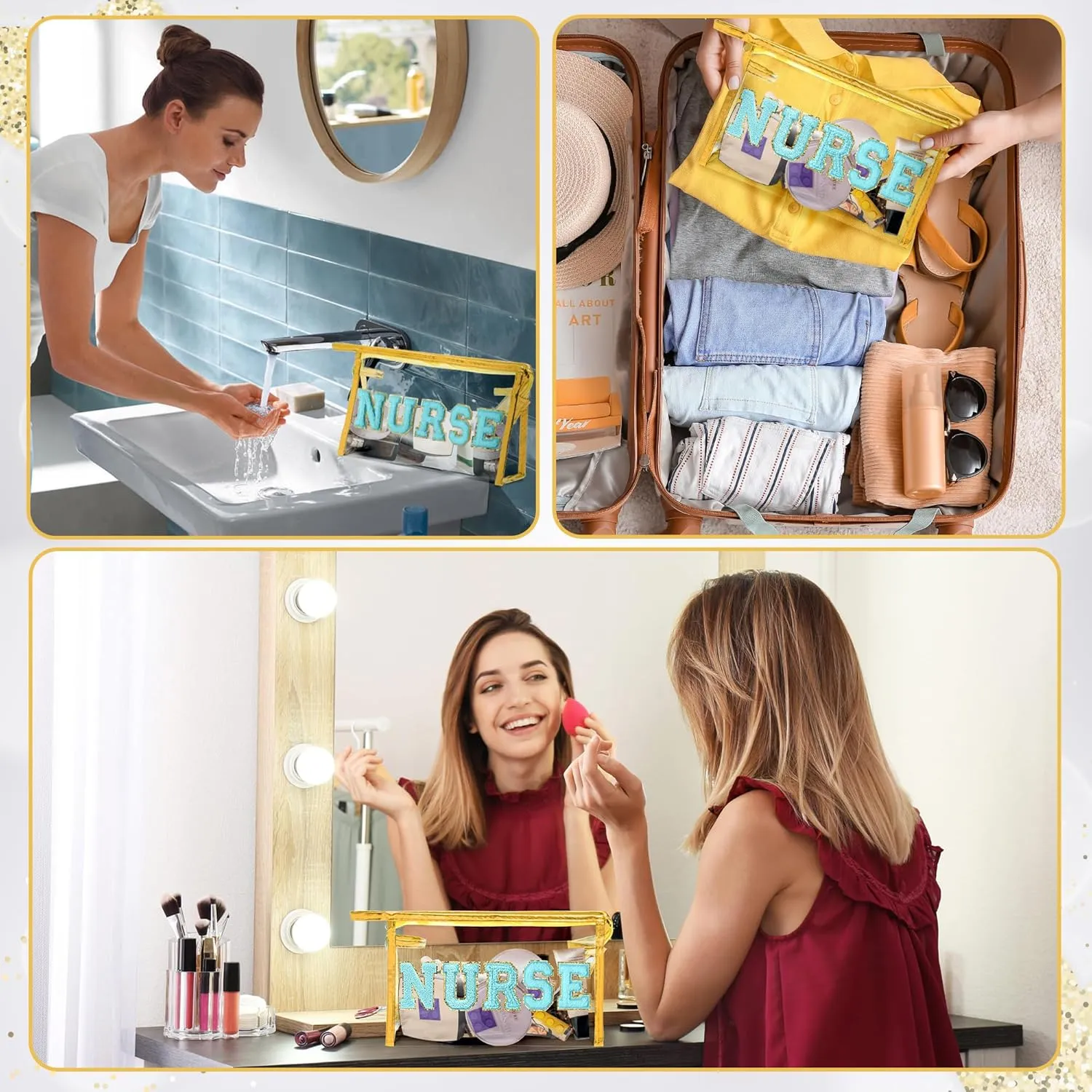 CY2SIDE NURSE Clear Makeup Bag - Blue Letter Patch Cosmetic Bag with Handle for Travel PVC Zipper Clear Travel Pouch for Toiletries Waterproof Portable Organizer Case Gift for Nurse, Gold