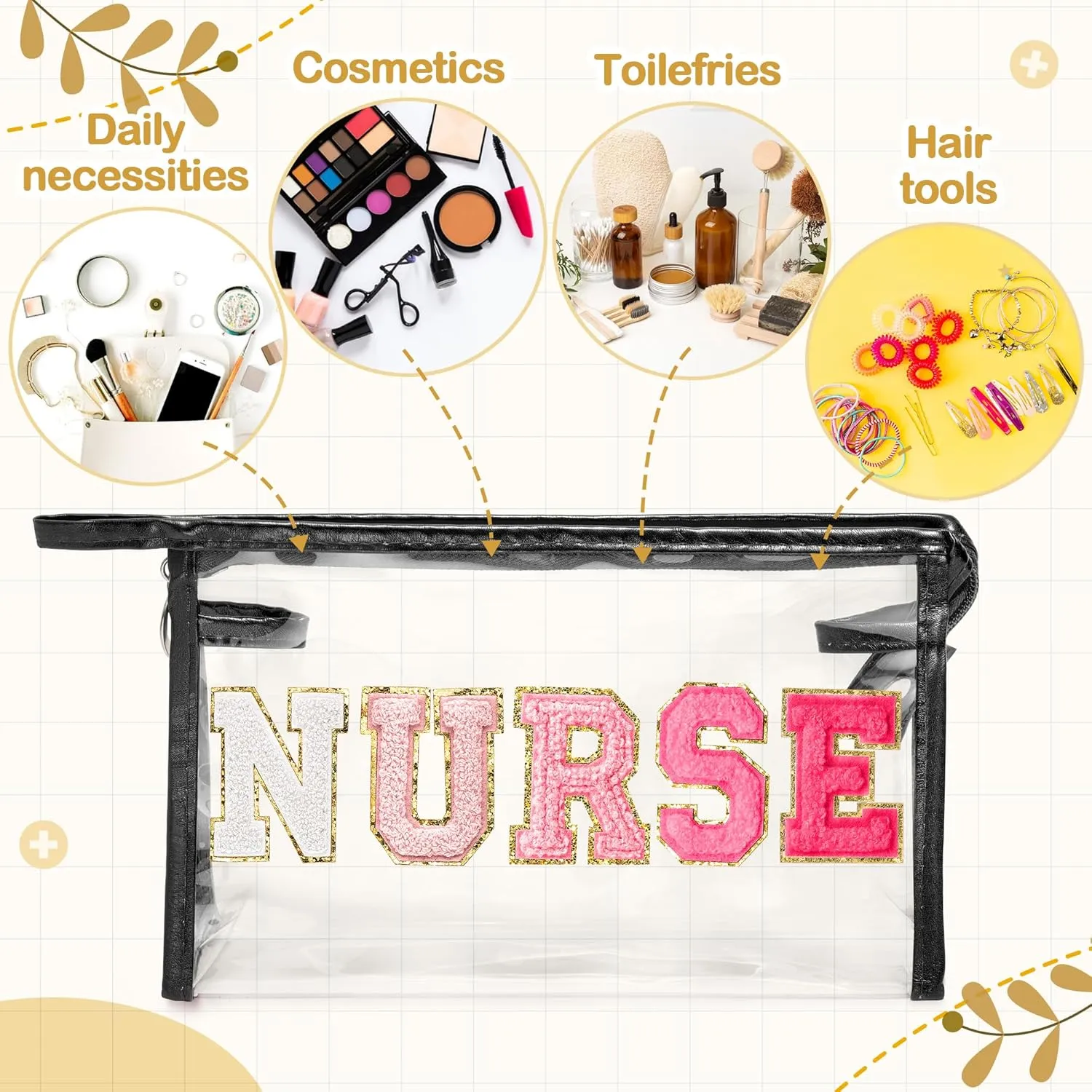 CY2SIDE NURSE Clear Makeup Bag - Gradient Pink NURSE Letter Patch Cosmetic Bag with Handle for Travel