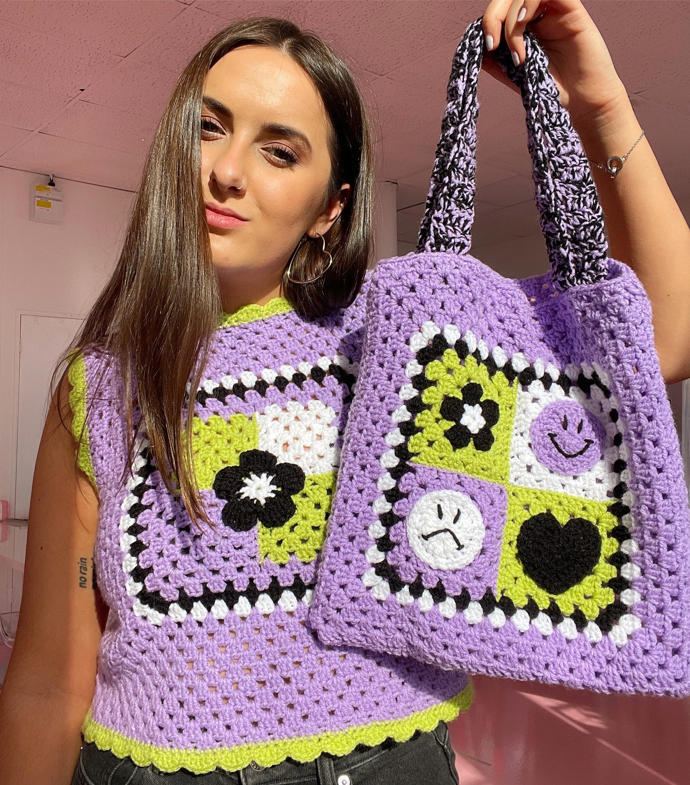 Daphne Granny Square Crochet Vest - Purple and Green