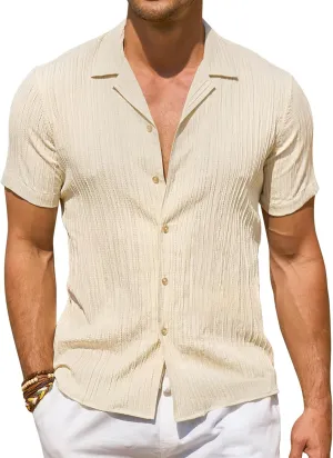DEMEANOR Mens Short Sleeve Button Down Shirts Textured Linen Shirts for Men Casual Button Up Summer Beach Shirt Vacation