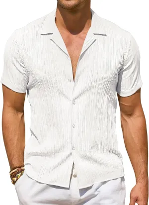 DEMEANOR Mens Short Sleeve Button Down Shirts Textured Linen Shirts for Men Casual Button Up Summer Beach Shirt Vacation