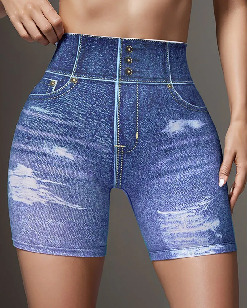 Denim Look Print High Waist Active Shorts
