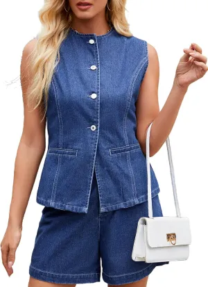 Denim Vest Women Jean Vest Tops Button Down Sleeveless Denim Tank Tops Crew Neck Summer Trendy Waistcoat with Pockets