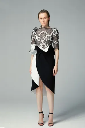 Dentelle Dévore & Crepe Georgette Top, Double-faced Black & White Crepe Midi Skirt