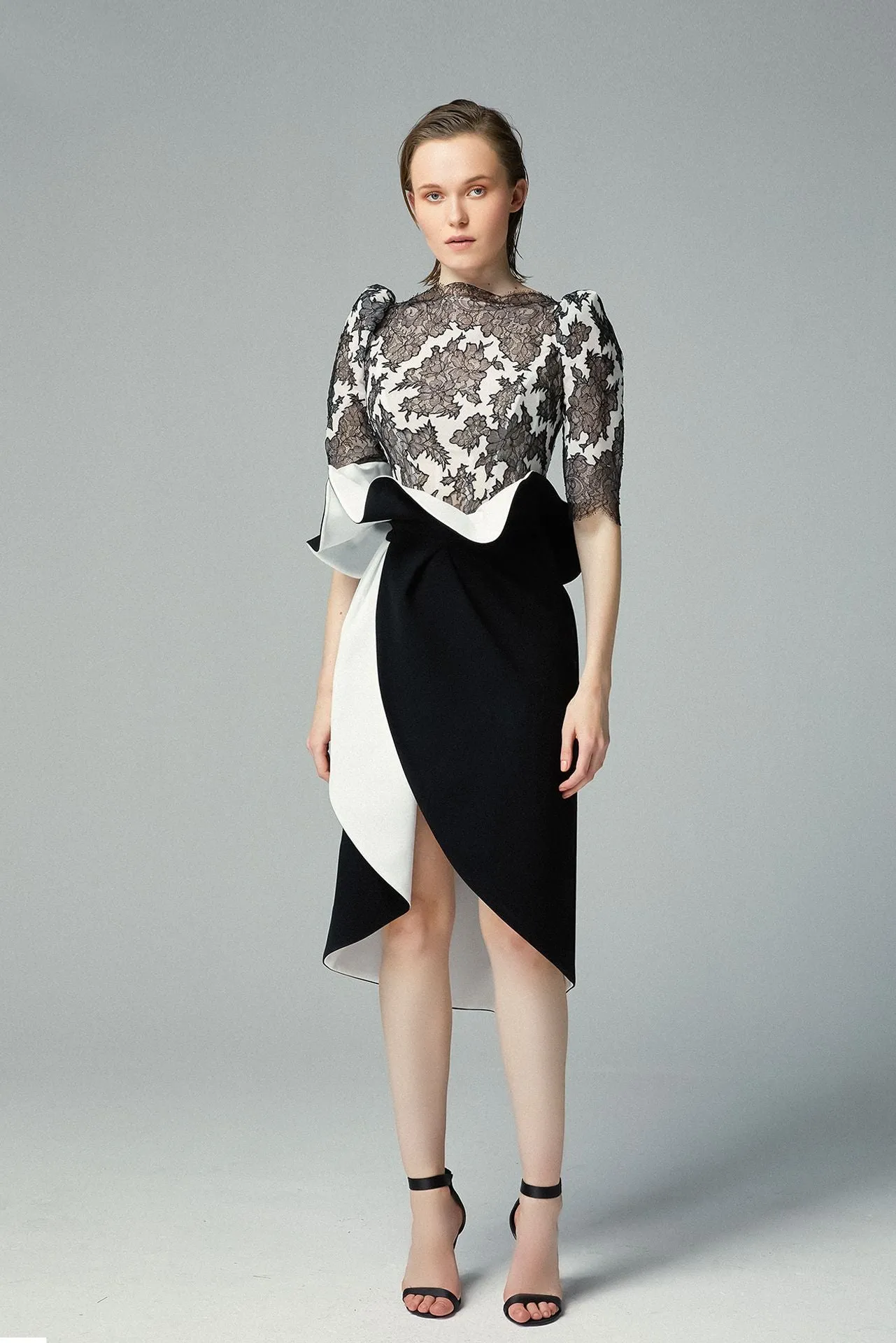 Dentelle Dévore & Crepe Georgette Top, Double-faced Black & White Crepe Midi Skirt
