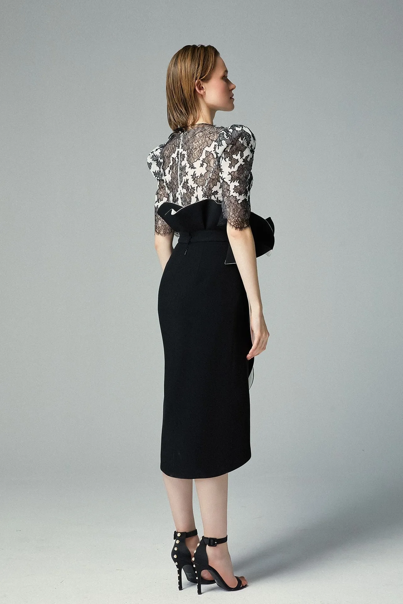 Dentelle Dévore & Crepe Georgette Top, Double-faced Black & White Crepe Midi Skirt