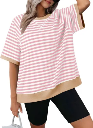 Dokotoo Oversized T Shirts for Women Striped Color Block Crewneck Short Sleeve Casual Summer Tops Lightweight Loose Blouses