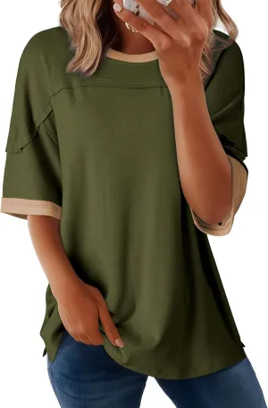 Dokotoo Summer Tops for Women 2025 Loose Oversized T Shirts Crewneck Color Block Side Slits Basic Tee Blouses
