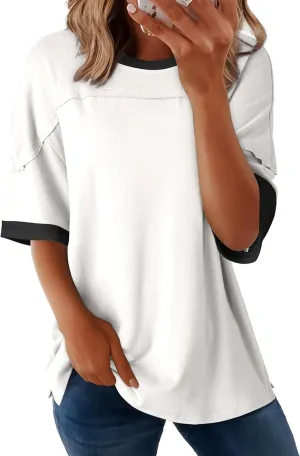 Dokotoo Summer Tops for Women 2025 Loose Oversized T Shirts Crewneck Color Block Side Slits Basic Tee Blouses