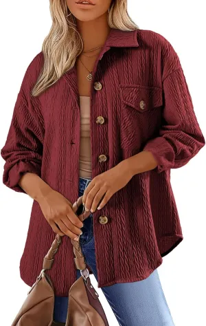 Dokotoo Womens Cable Knit Lightweight Shacket Button Down Shirts Long Sleeve Casual Oversized Blouses Tops