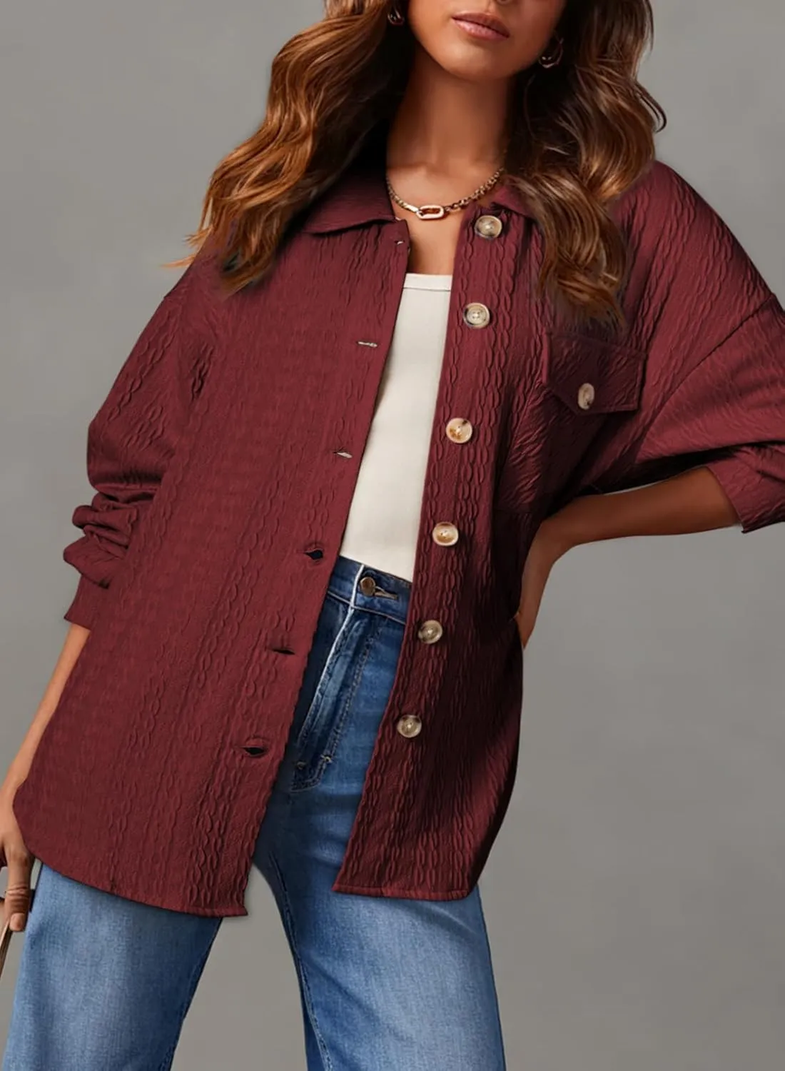 Dokotoo Womens Cable Knit Lightweight Shacket Button Down Shirts Long Sleeve Casual Oversized Blouses Tops