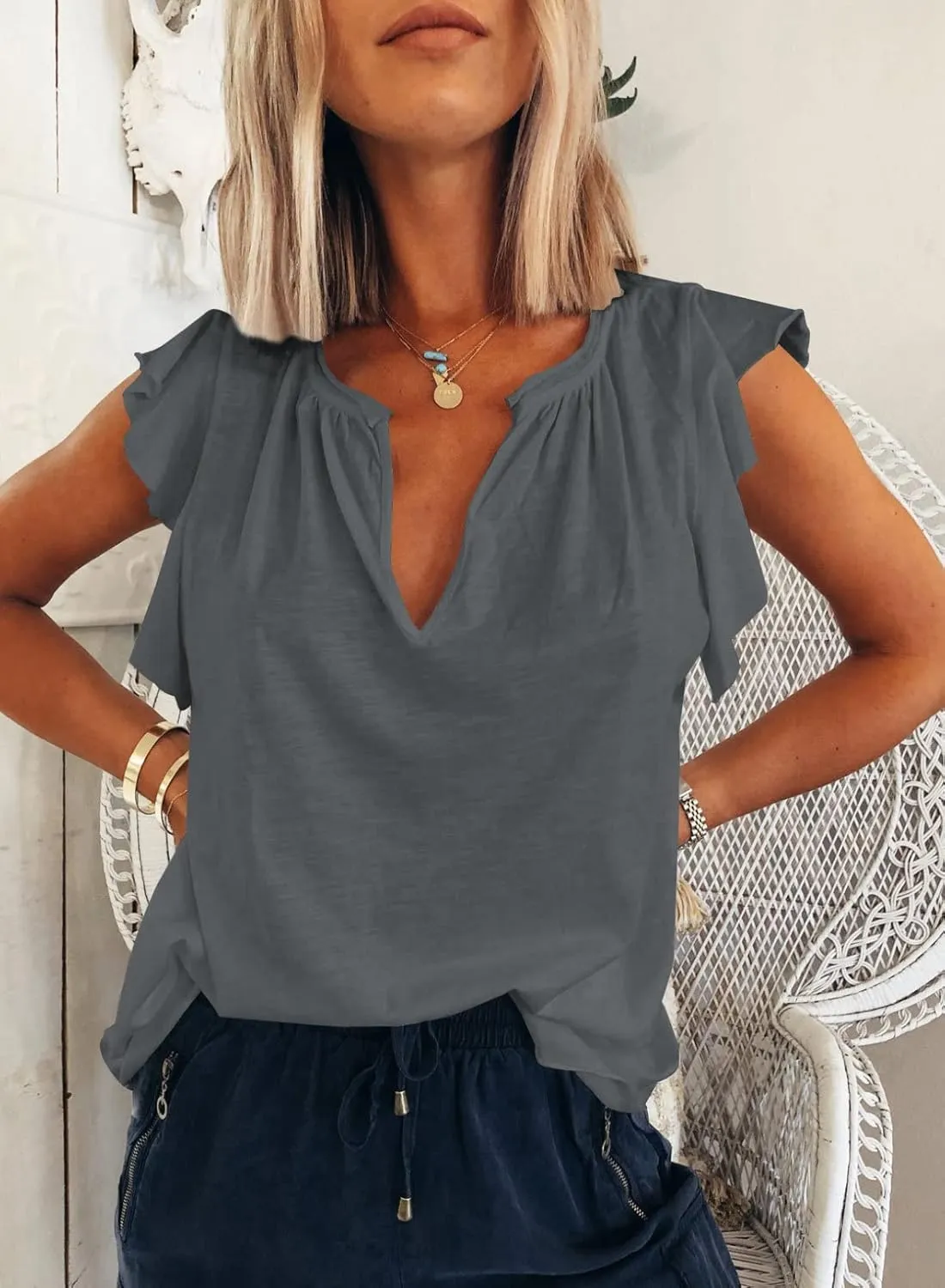 Dokotoo Women's Casual V Neck Ruffle Sleeve Summer Tank Tops Shirts