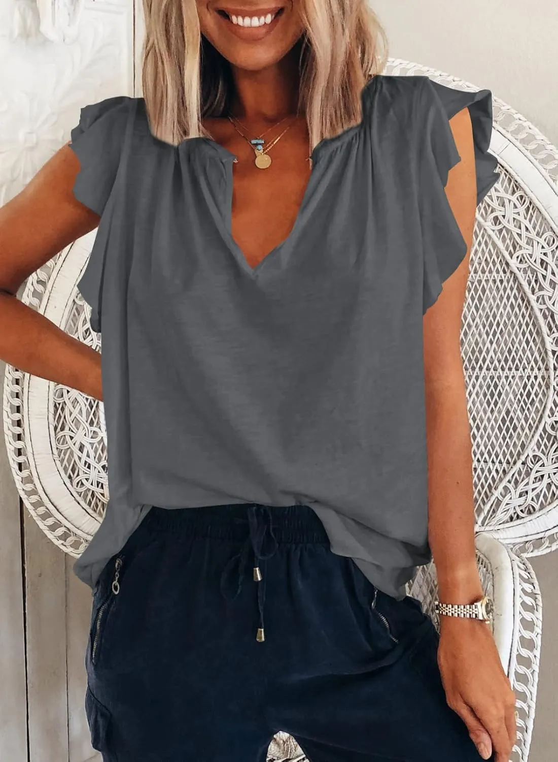 Dokotoo Women's Casual V Neck Ruffle Sleeve Summer Tank Tops Shirts