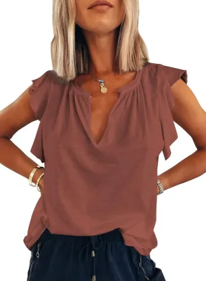 Dokotoo Women's Casual V Neck Ruffle Sleeve Summer Tank Tops Shirts