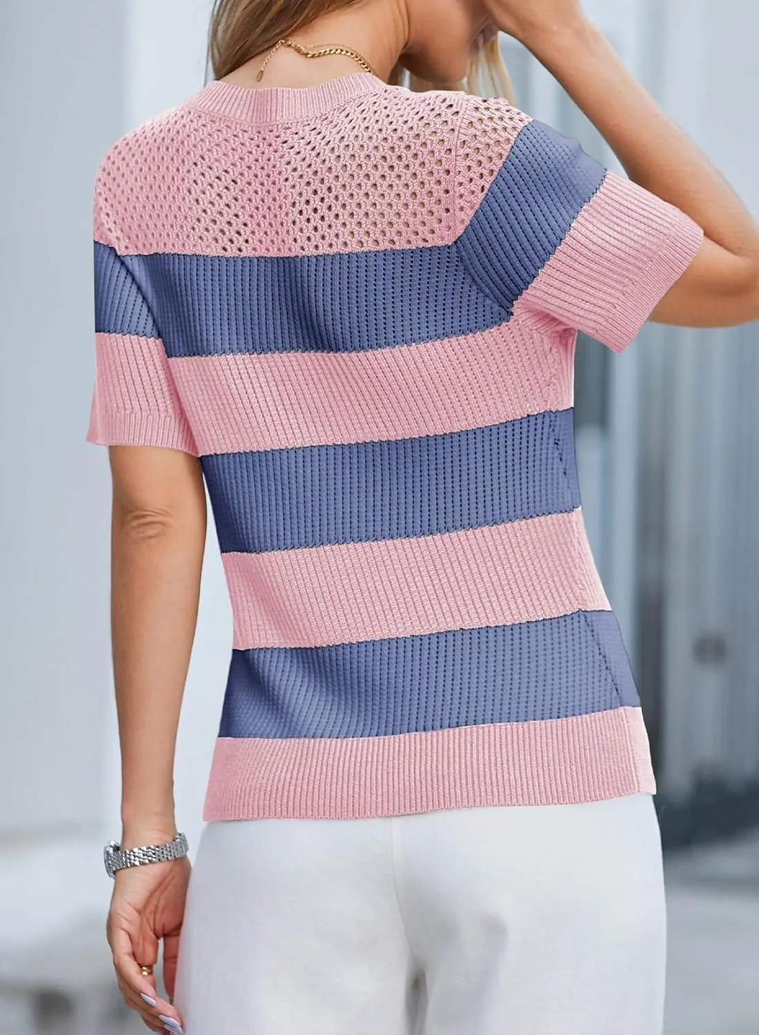 Dokotoo Womens Summer Tops Casual Short Sleeve Crewneck Striped Color Block Knit T Shirts Trendy Pullover Sweaters Blouses
