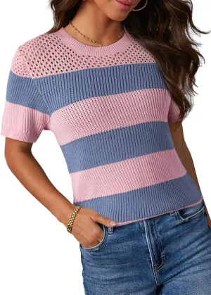 Dokotoo Womens Summer Tops Casual Short Sleeve Crewneck Striped Color Block Knit T Shirts Trendy Pullover Sweaters Blouses