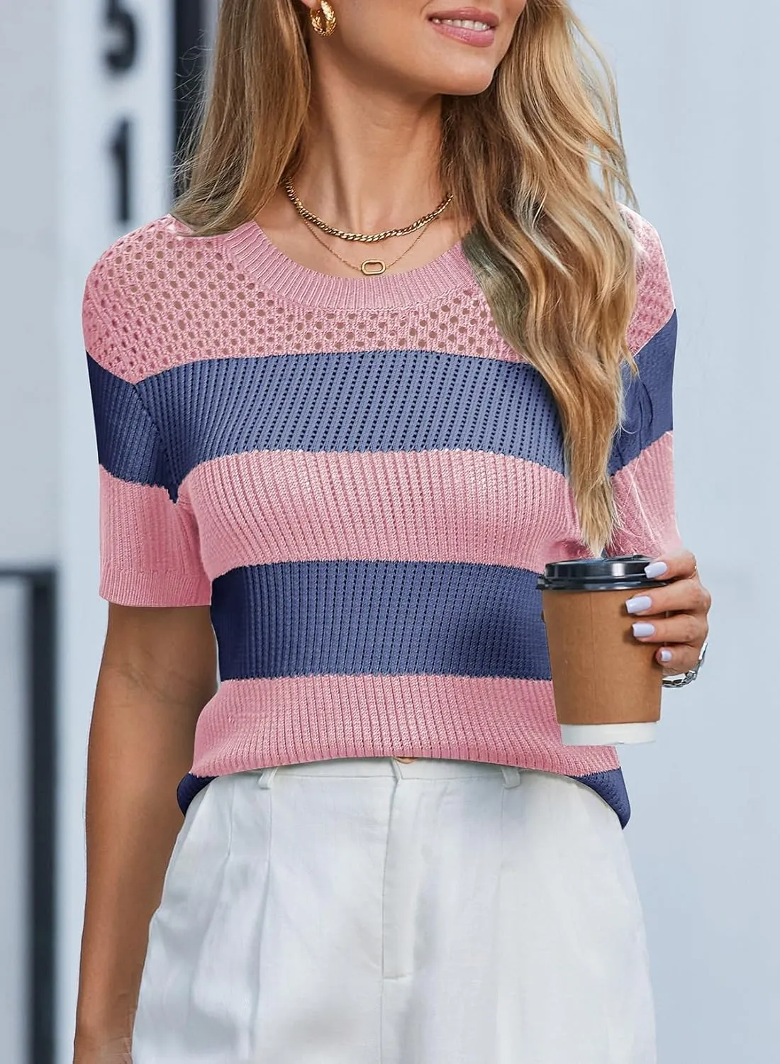 Dokotoo Womens Summer Tops Casual Short Sleeve Crewneck Striped Color Block Knit T Shirts Trendy Pullover Sweaters Blouses