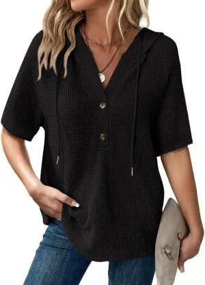 Dokotoo Womens Summer Waffle Knit Short Sleeve Tops Lightweight Drawstring Hoodies Button V Neck Casual Blouses Shirts