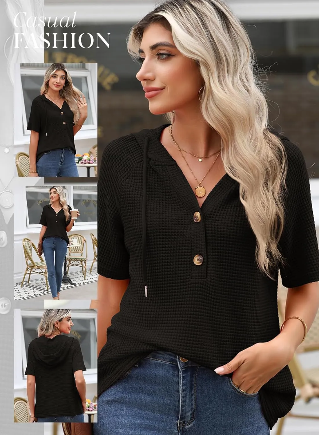 Dokotoo Womens Summer Waffle Knit Short Sleeve Tops Lightweight Drawstring Hoodies Button V Neck Casual Blouses Shirts