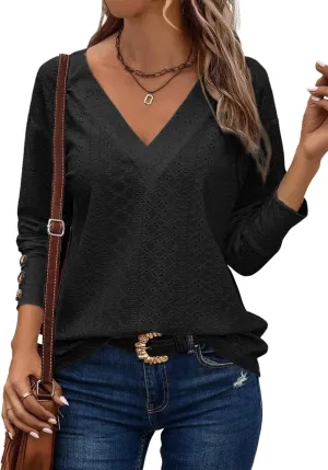 Dokotoo Women's Tops Dressy Casual V Neck Long Sleeve Buttons Hollow Out Lace Embroidered Blouses Shirts
