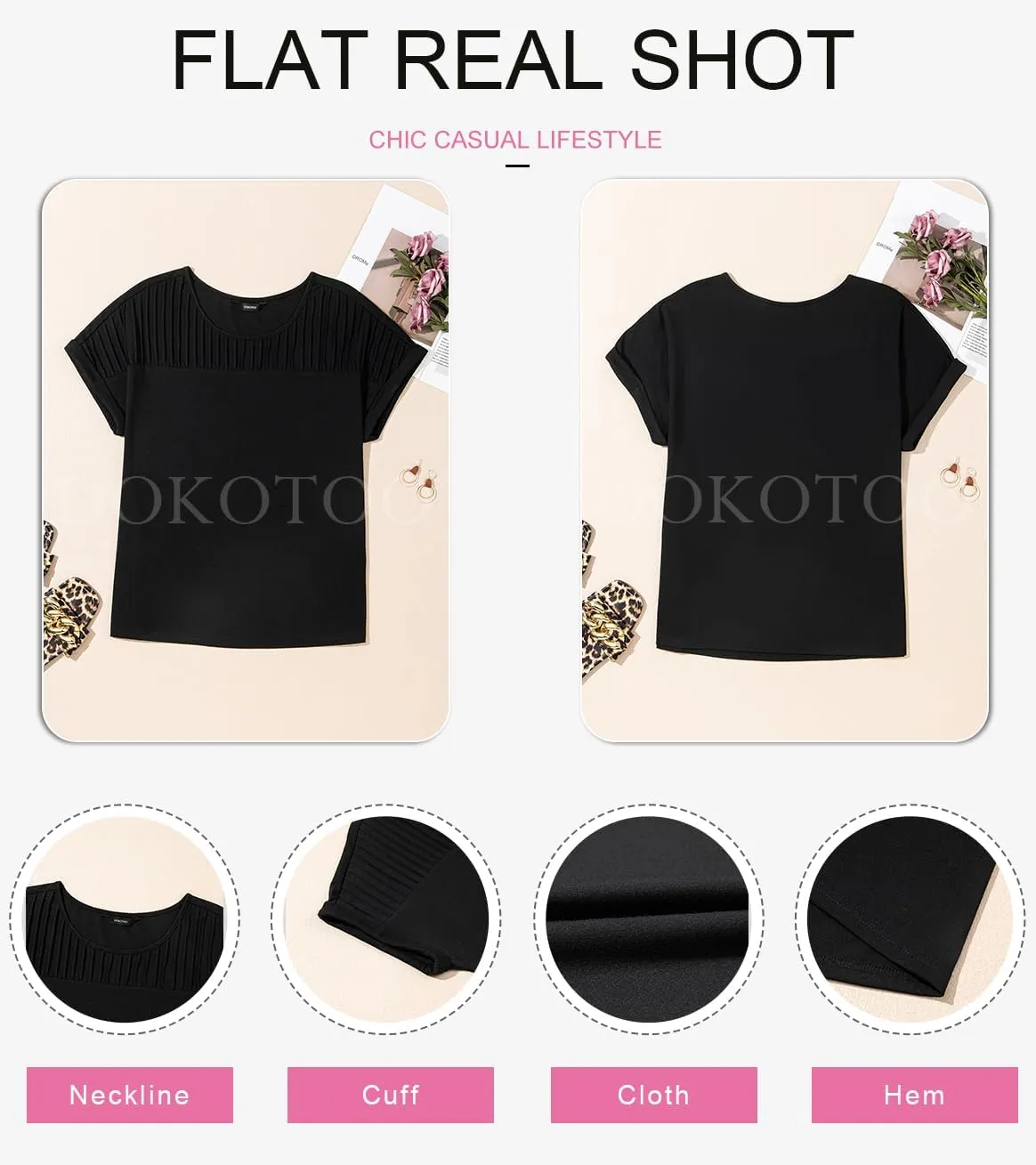Dokotoo Womens Tops Trendy Crewneck Short Sleeve Summer T Shirts Casual Solid Loose Basic Pleated Blouses
