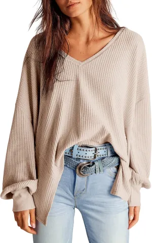 Dokotoo Womens Waffle Knit Tops Fashion 2025 Long Lantern Sleeve Casual Blouses V Neck Oversized T Shirts