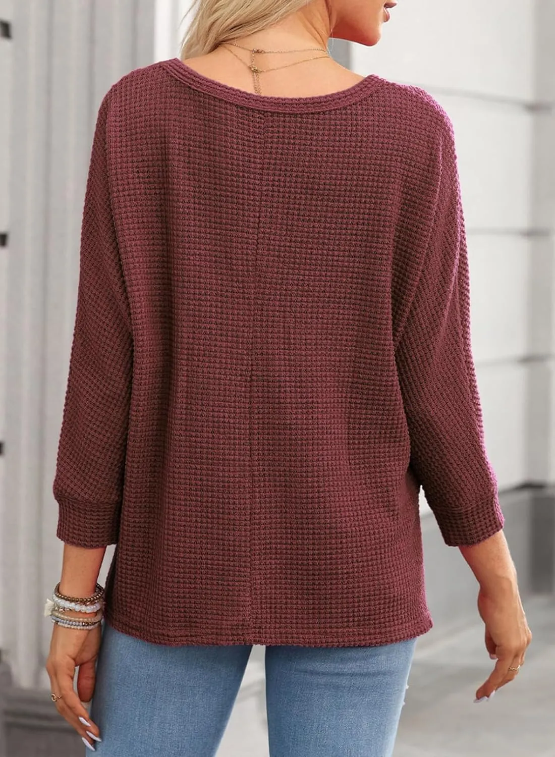 Dokotoo Womens Waffle Knit Tops Spring Fashion 2025 Long Sleeve Casual Blouses Crewneck Oversized T Shirts