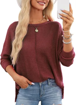 Dokotoo Womens Waffle Knit Tops Spring Fashion 2025 Long Sleeve Casual Blouses Crewneck Oversized T Shirts