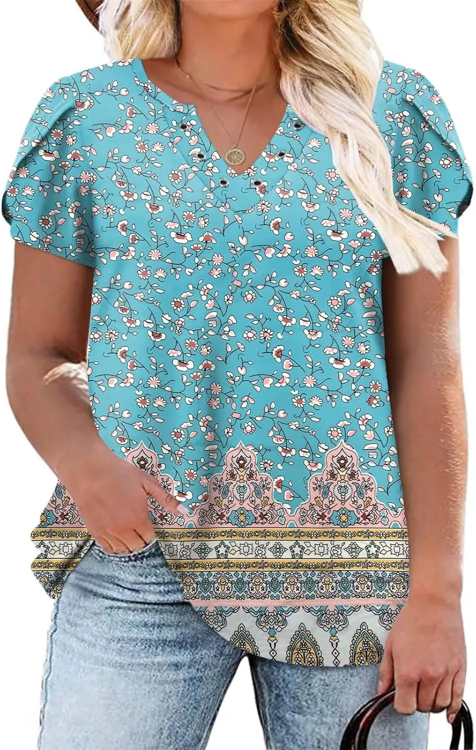 DOLNINE Womens Plus Size Tops Basic Casual T-Shirts Ring Hole V Neck Petal Short Sleeve Tee Tunics