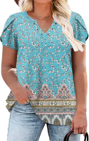 DOLNINE Womens Plus Size Tops Basic Casual T-Shirts Ring Hole V Neck Petal Short Sleeve Tee Tunics