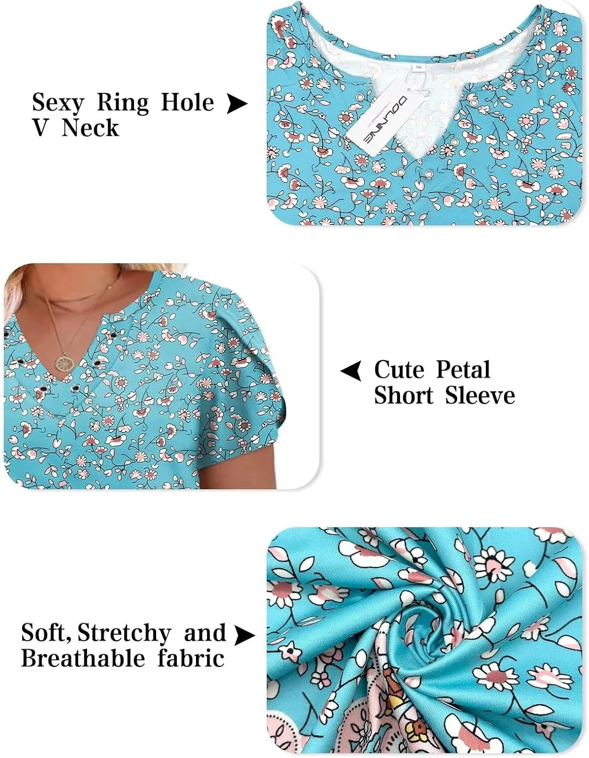 DOLNINE Womens Plus Size Tops Basic Casual T-Shirts Ring Hole V Neck Petal Short Sleeve Tee Tunics