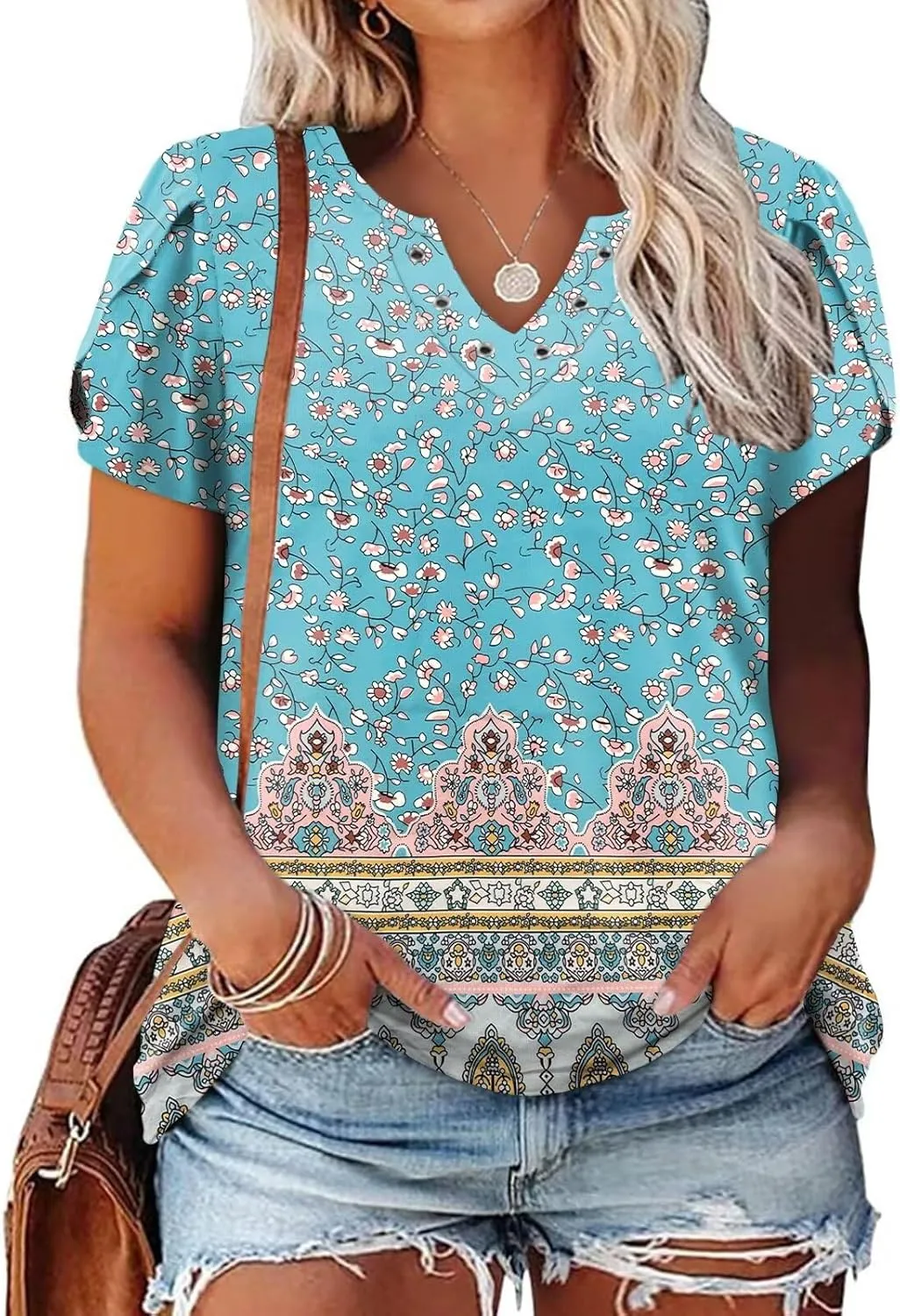 DOLNINE Womens Plus Size Tops Basic Casual T-Shirts Ring Hole V Neck Petal Short Sleeve Tee Tunics