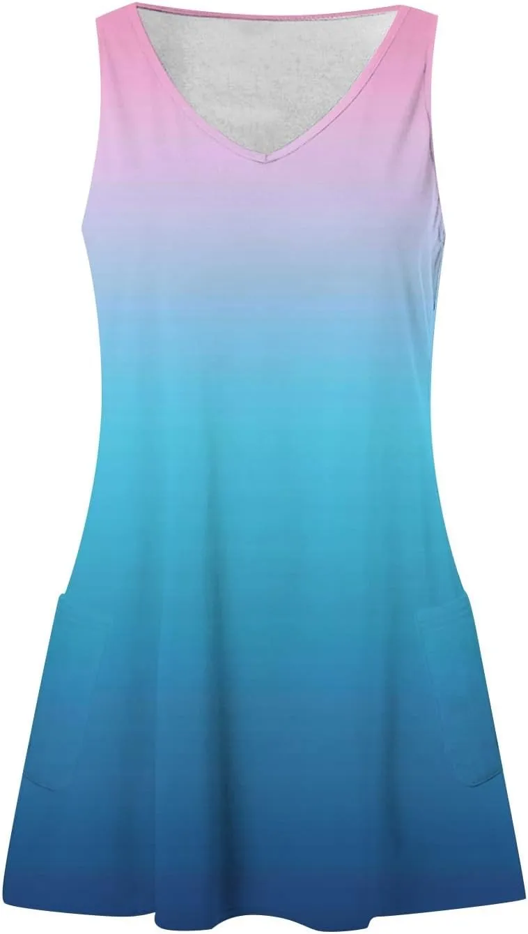 DOPOCQ Dresses for Women 2024 Casual Trendy Gradient Sleeveless Boho Sundress Summer Oversized Sexy V Neck Tank Mini Dresses