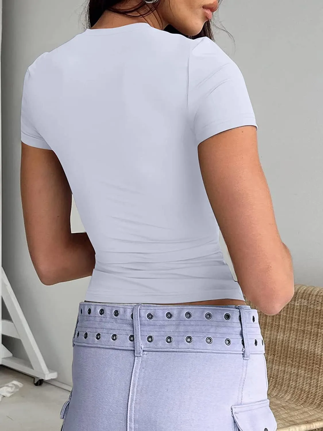 Dwnval Women Sexy Basic T Shirts Tops Summer Short Sleeve Crewneck Slim Fit Cute Crop Top Blouses