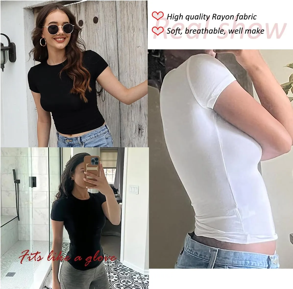Dwnval Women Sexy Basic T Shirts Tops Summer Short Sleeve Crewneck Slim Fit Cute Crop Top Blouses