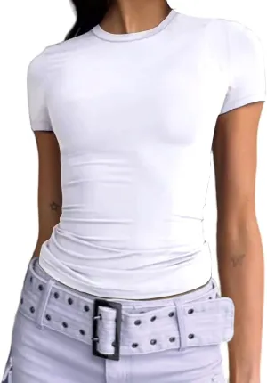 Dwnval Women Sexy Basic T Shirts Tops Summer Short Sleeve Crewneck Slim Fit Cute Crop Top Blouses