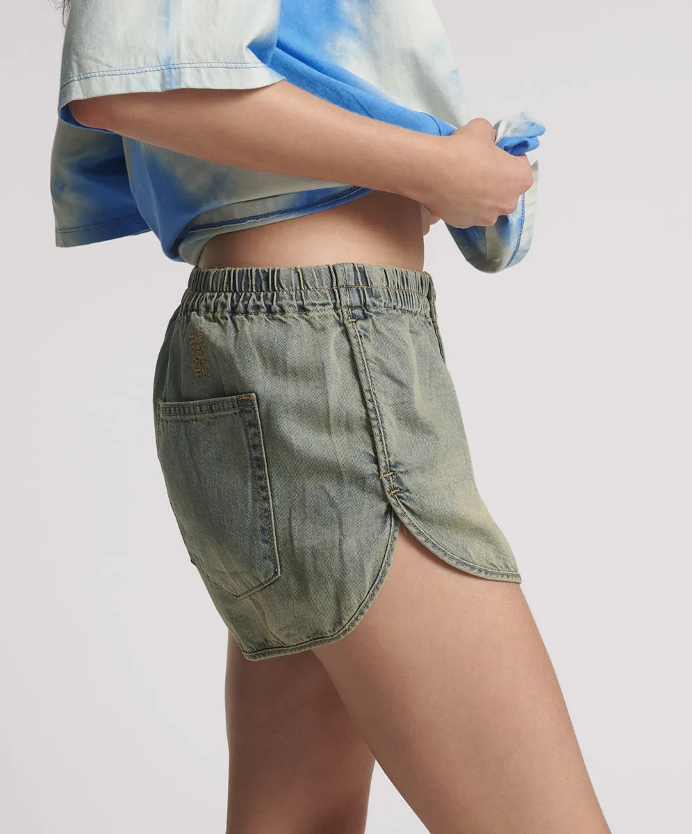 Dylan Low Waist 70s Elasticated Denim Shorts - Blue Sand
