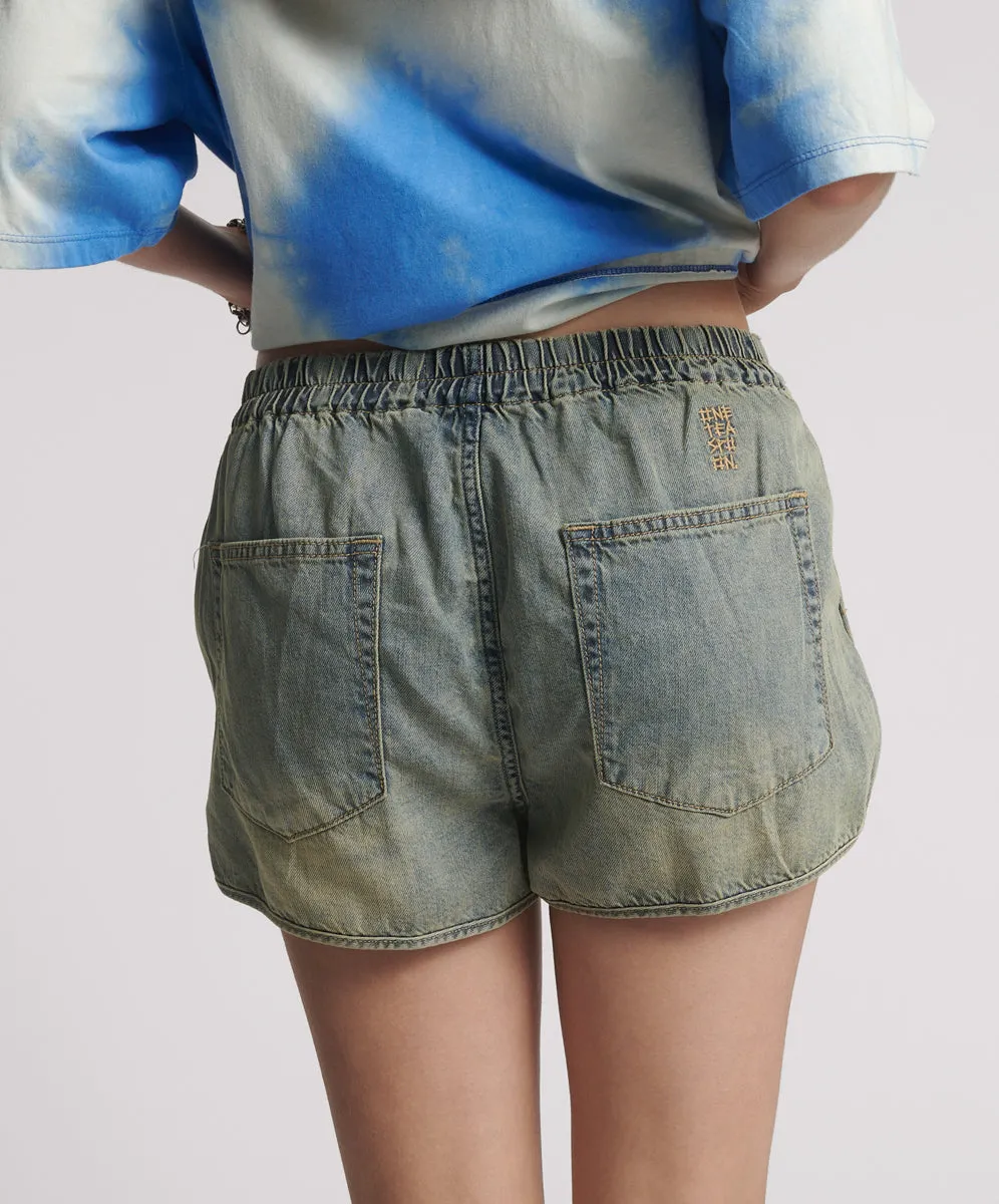 Dylan Low Waist 70s Elasticated Denim Shorts - Blue Sand