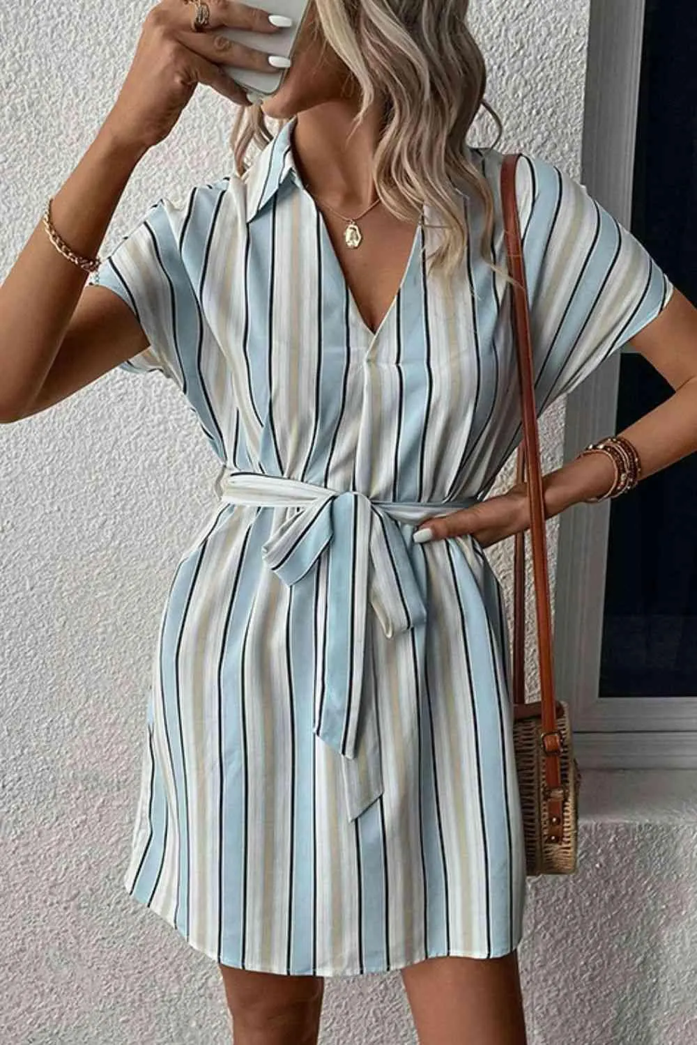 Effortless Charm Tie Waist Collared Striped Dress