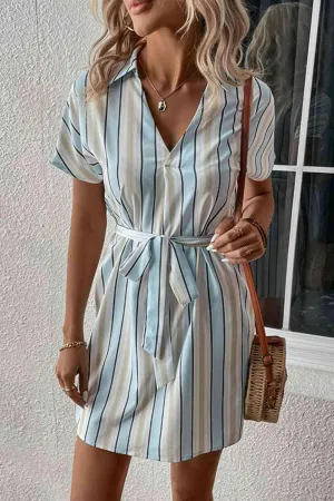 Effortless Charm Tie Waist Collared Striped Dress