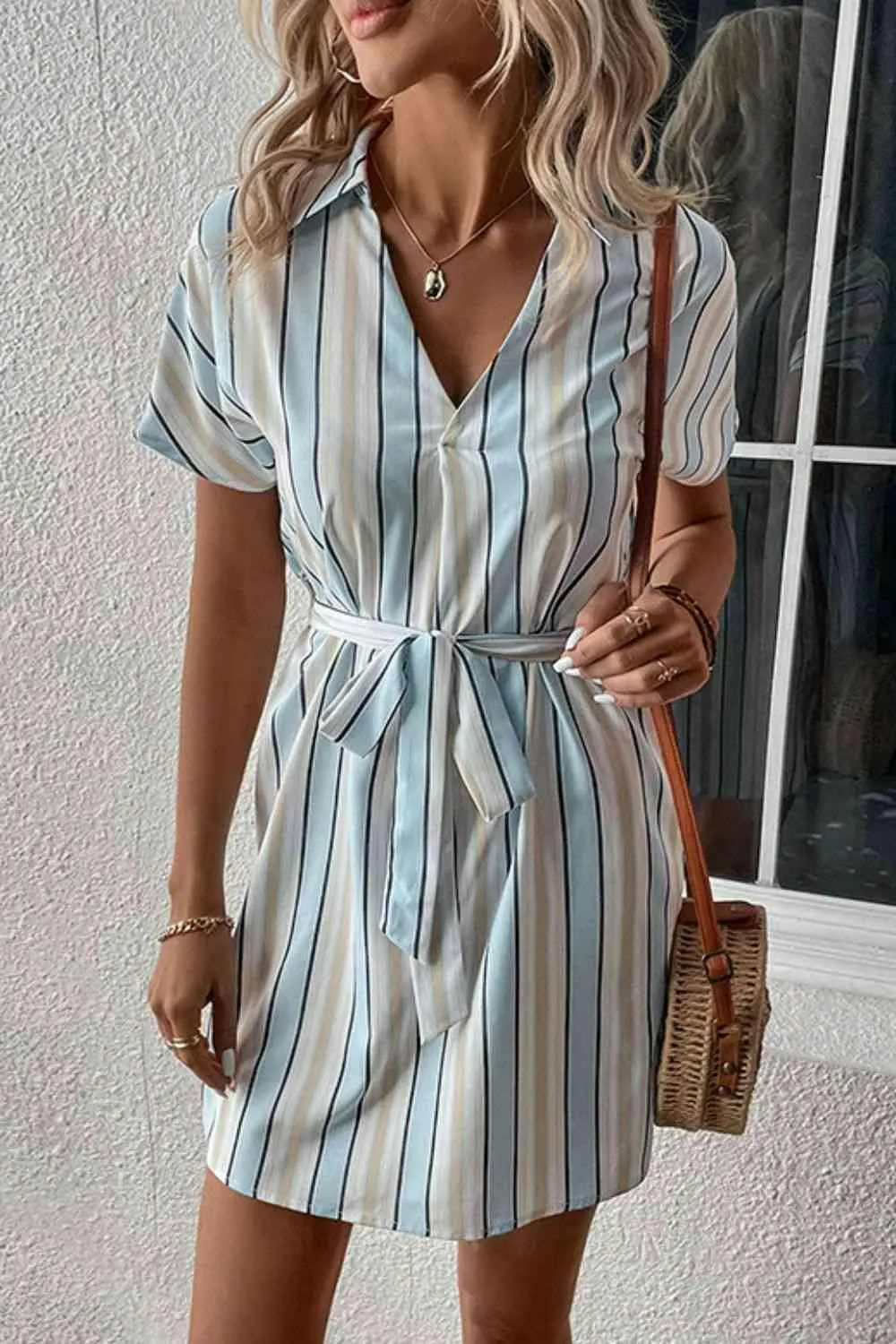 Effortless Charm Tie Waist Collared Striped Dress