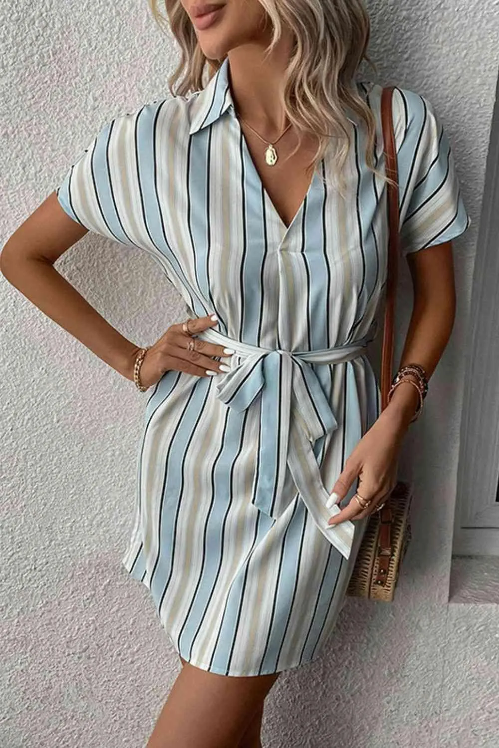 Effortless Charm Tie Waist Collared Striped Dress