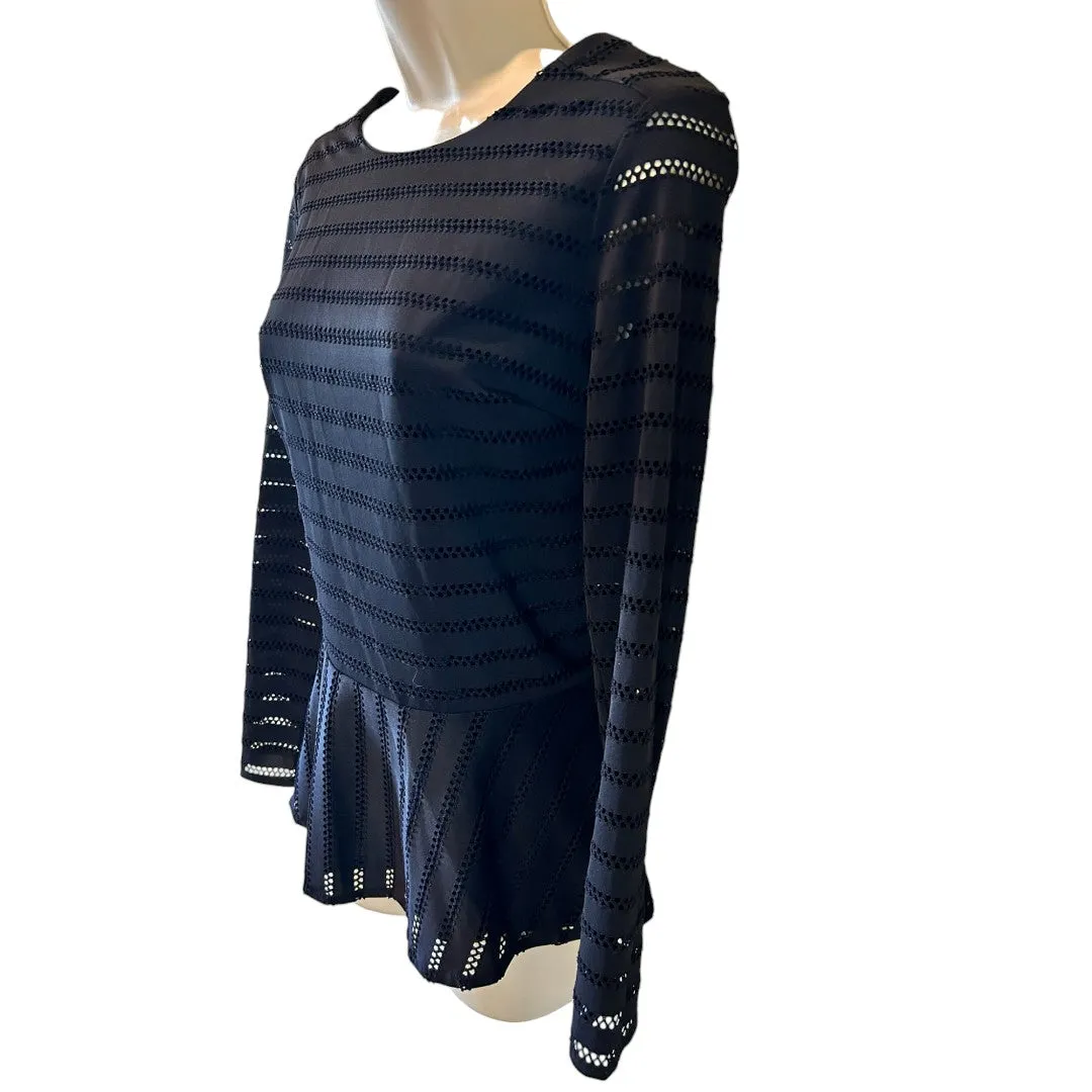 Elegant Eyelet Peplum Top Long Sleeve Black Blouse