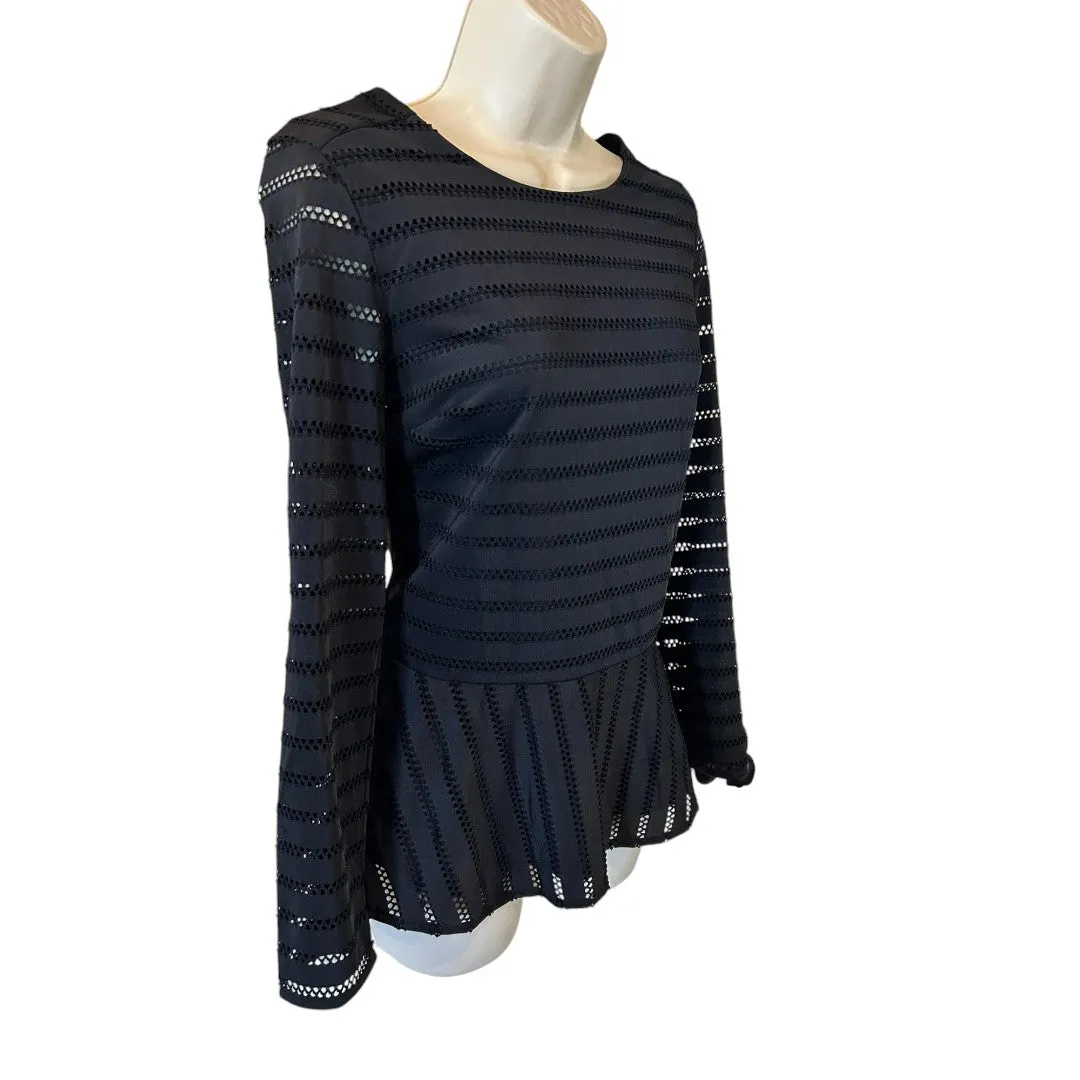 Elegant Eyelet Peplum Top Long Sleeve Black Blouse