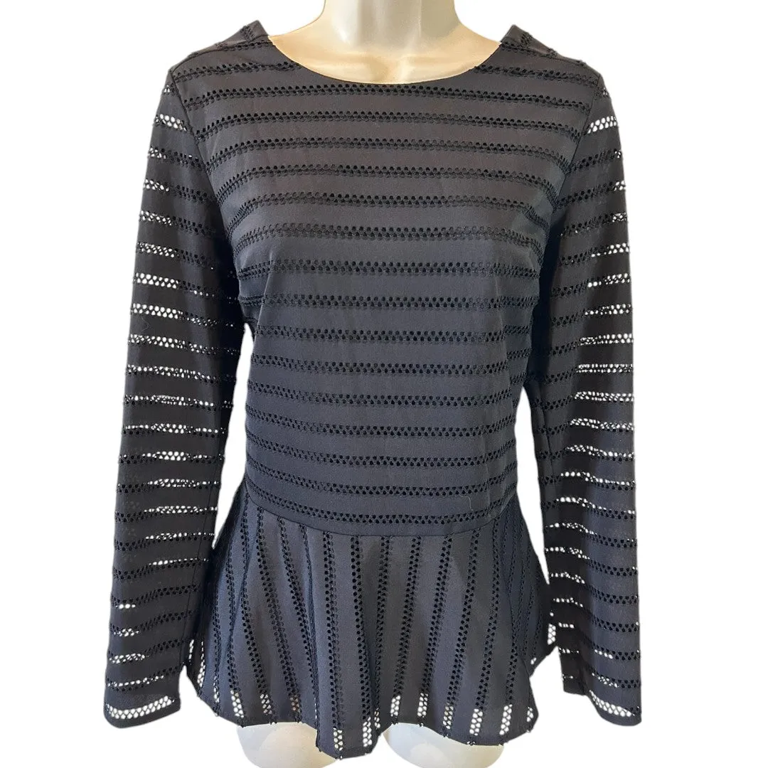 Elegant Eyelet Peplum Top Long Sleeve Black Blouse